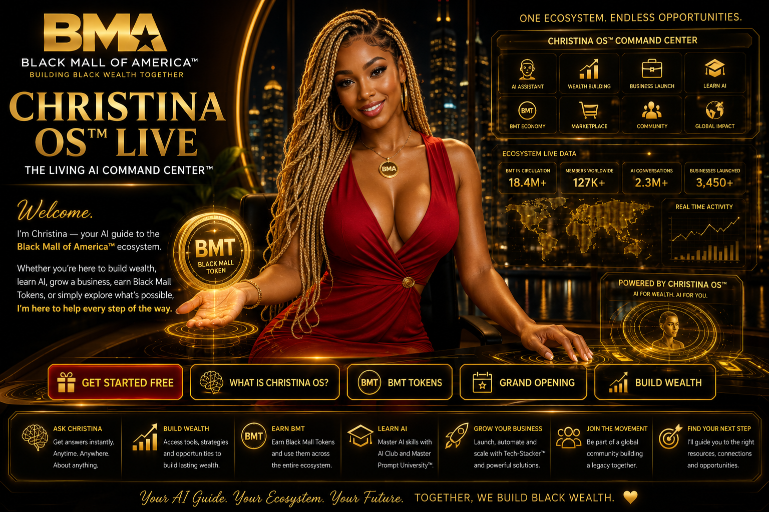 Christina, the AI at the heart of Black Mall of America, presenting the connected ecosystem